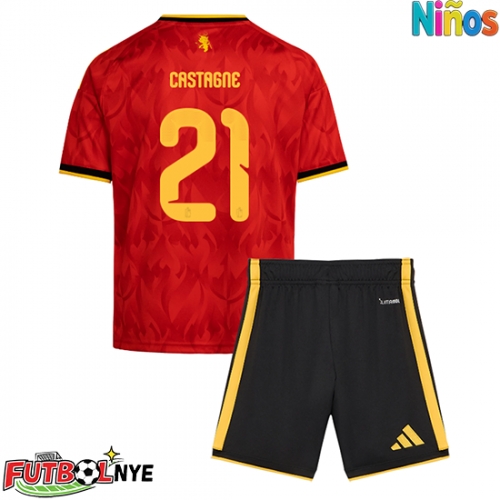 Camiseta Bélgica Timothy Castagne #21 Primera Equipación para niños Mundial 2026 manga corta (+ pantalones cortos)